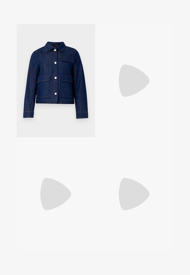 Theory CASUAL RELAXE - Teksajakk - indigo; Valge lühikeste varrukatega T-särk ribatud kangast. Ümara kaelusega, tavalisest sobivusest ja peente õmbluse detailidega. Ilma mustrite või graafikateta.; Kootud valge midi seelik, millel on tekstuurine muster vertikaalsete joonte ja lõike-detailidega hemmi lähedal. Elastne vöökoht. Pehme materjal.; Musthave mustika tantsutossud mustast nahast, ümmarguse varbaga, siledast tekstuurist, minimaalse õmblusdetailiga ja paindliku tallakujundusega.; Pruunist nahast käekott, millel on klapiga sulgur, kuldne riistvara, õlarihm ja sile tekstuur. Kompaktne ristkülikukujuline vorm.