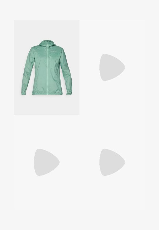 Lightweight, mint green jacket with a hood, full zip front, and zippered chest pocket. Smooth texture with a semi-matte finish.; Sleeveless black athletic shirt made from moisture-wicking fabric. Features orange accent on the collar and "TERREX" logo printed in white.; Black athletic shorts made of smooth, stretchable material with a high waistband. Features white "TERREX" logo on the lower right side.; Black athletic shoe with gray accents, featuring a textured mesh upper, three white stripes, and a rubber outsole for traction.