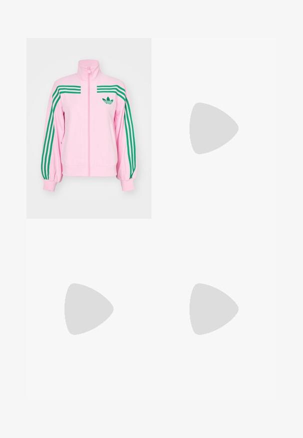 adidas Originals Spordijakk - true pink; Hallikas, ilma varrukat crop top pehmest kangast, ümarate kaelustega ja väikese valge Adidas logo'ga rinna peal.; Heledad rohelised cargo püksid, valmistatud puuvillakangast. Omavad kõrget talje, volditud pahkluup, ja kahte külgpoket lisafunktsionaalsuse jaoks.; Heledad hallhall kreemikas nähtav dress särk valgete nahka elementidega, kolm valget triipu ja pruun kummikreen, millel on mugavuse tagamiseks pehmendusega kaelus.