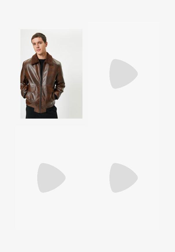 Brązowa skórzana kurtka z puszystym brązowym kołnierzem, zapięciem na zamek z przodu, dwiema przednimi kieszeniami i dopasowanym krojem. Gładka faktura z błyszczącym wykończeniem.; Granatowa bluza z wysokim kołnierzem, zamek błyskawiczny do połowy długości, miękka tekstura i długie rękawy. Zawiera detal w postaci uchwytu w kształcie kółka przy zamku.; Czarne spodnie z elastycznym paskiem i sznurkiem, zwężane nogawki, boczne kieszenie oraz subtelne detale szwów po bokach. Miękka bawełniana tkanina.; Nike Sportswear PULSE czarny