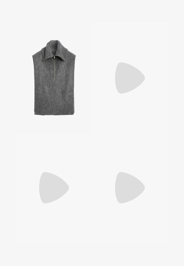 Pullover grigio senza maniche con colletto alto, realizzato in un materiale morbido e testurizzato. Presenta una cerniera frontale e un design dal taglio rilassato.; Camicia bianca con bottoni, caratterizzata da strisce verticali grigio chiaro, colletto a point, maniche lunghe e una vestibilità ampia. Realizzata in tessuto leggero.; Jeans in denim blu scuro con taglio dritto, dotati di due tasche posteriori e cuciture visibili lungo le cuciture e gli orli.; Stivaletto in pelle nera con punta appuntita, texture liscia e tacco medio a blocco. Design minimalista, chiusura con zip sul retro.; Occhiali da sole tartarugati marrone con forma a occhio di gatto, lenti scure e aste nere con motivo testurizzato. Design classico, dettagliato e leggero.