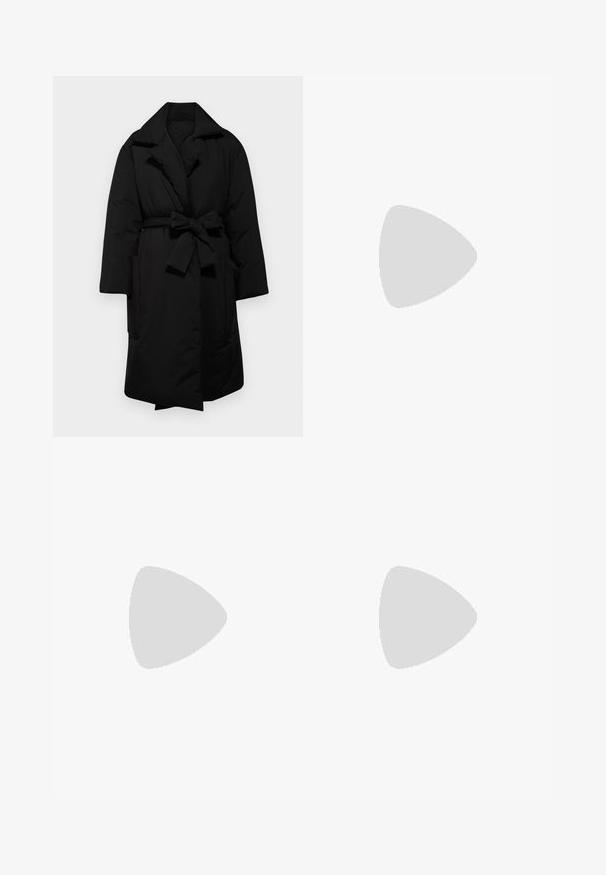 Black padded coat with a belted waist, wide collar, and long sleeves. Features two side pockets and a smooth, textured finish.; Black short-sleeve T-shirt made of soft cotton, featuring a round neckline and a smooth, even texture with a minimal design.; MARINE SERRE PYTHON PRINTED DRAPED DRAWSTRING TROUSERS - Trousers - grege; Black leather ankle boots with a pointed toe and block heel, paired with shiny silver pants, showcasing sleek textures and contrasting colors.