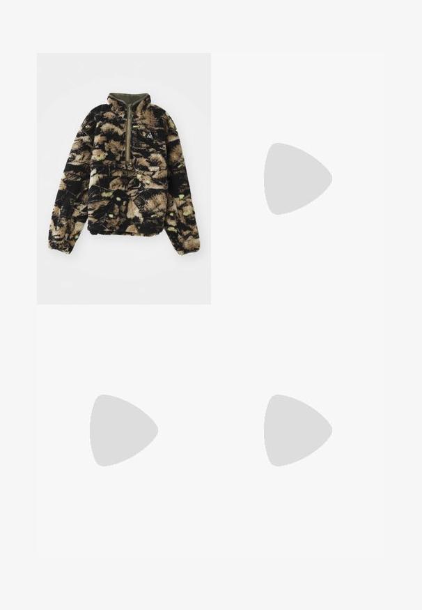 Fleece pullover in black, brown, and green camouflage pattern. Features a high collar, half-zip, and a front pocket. Soft texture.; White short-sleeve t-shirt in cotton blend with round neck, featuring graphic text "FRIENDS WITH TREES" and hexagon design on the left chest.; Light khaki, lightweight pants with an elastic waistband and drawstring. Features side pockets and a triangular logo on the upper leg.; White athletic shoes with textured overlays, a chunky sole, and gray accents. Worn with white crew socks and green shorts on a blue surface.