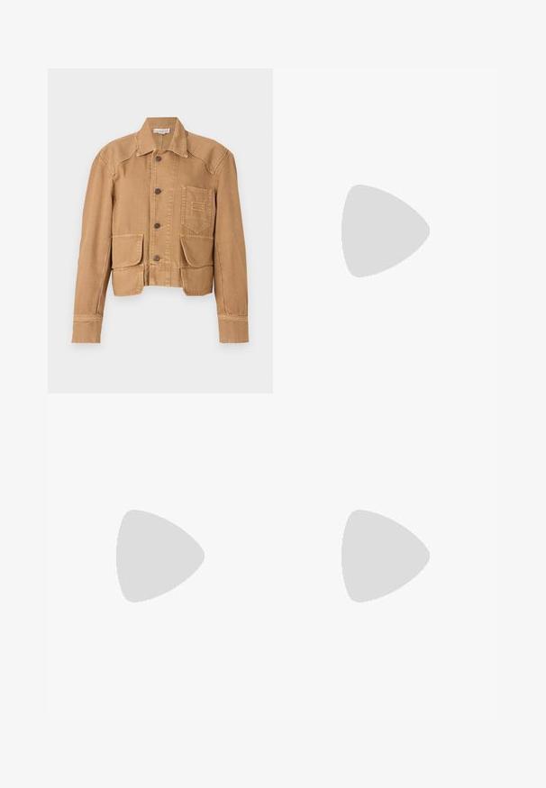 Brown cropped denim jacket featuring a button front, two front pockets, and a stitched logo on the chest pocket.; Black sleeveless top with thin straps, loose fit, and gathered hem. Made of lightweight fabric with a smooth texture.; Wide-leg trousers in black, made of soft fabric with a smooth texture. Features a high waist and a clean, unembellished design.; Black leather sandal with a square toe, thin straps, adjustable ankle strap, and a low heel. Features a small gold accent on the strap.