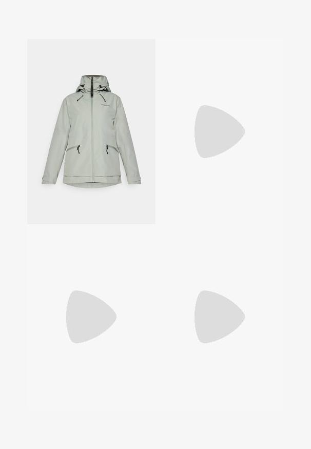 Light gray waterproof jacket with a zippered front, adjustable hood, and two side pockets. Features drawstrings and logo detail.; White long-sleeve shirt made of textured fabric with a beige patch pocket featuring a drawstring and logo.; The North Face EXPLORATION CARGO PANTS - Outdoor trousers - khaki stone; Black hiking shoes with a textured fabric upper, lacing system, and rugged rubber sole. Accented with reflective details and logos.