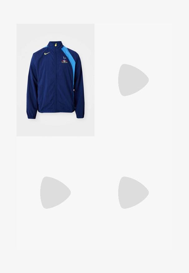 Marine vindjakke med blå sideaksenter, høy krage og Nike-logo. Har elastiske mansjetter og snor i kanten.; Tre hvite ribbestrikkede tank topper laget av bomull. Har en rund hals og små svarte etiketter nær kanten. Tilgjengelig i flere størrelser.; Grå Nike joggebukser med snor i midjen, smale ben, sidelommer og distinkte sømdetaljer. Myk, teksturert stoff.; Grå treningssko med overdel i nett og semsket skinn, hvite detaljer, en polstret såle, og et særpreget design med reflekterende elementer.