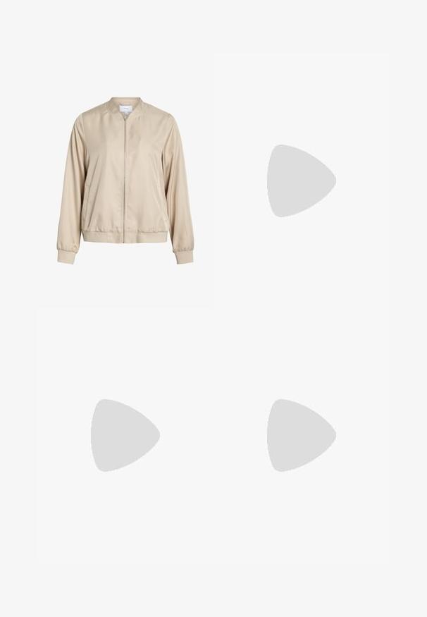 Béžová bomber bunda z hladkého materiálu, s kulatým výstřihem, zipem vpředu a elastickými manžetami a lemem. Jednoduchý design bez vzorů.; Bílý žebrovaný top na ramínka se kulatým výstřihem, bez rukávů a zkrácenou délkou. Název značky je "JJXX." Hladká struktura látky.; Černé široké kalhoty s elastickým pasem, vyrobené z hladkého materiálu. Disponují čistým designem bez kapes nebo viditelných švů.; Černé a šedé semišové tenisky s velkým krémovým logem "N", fialovými tkaničkami a strukturovanou gumovou podrážkou.