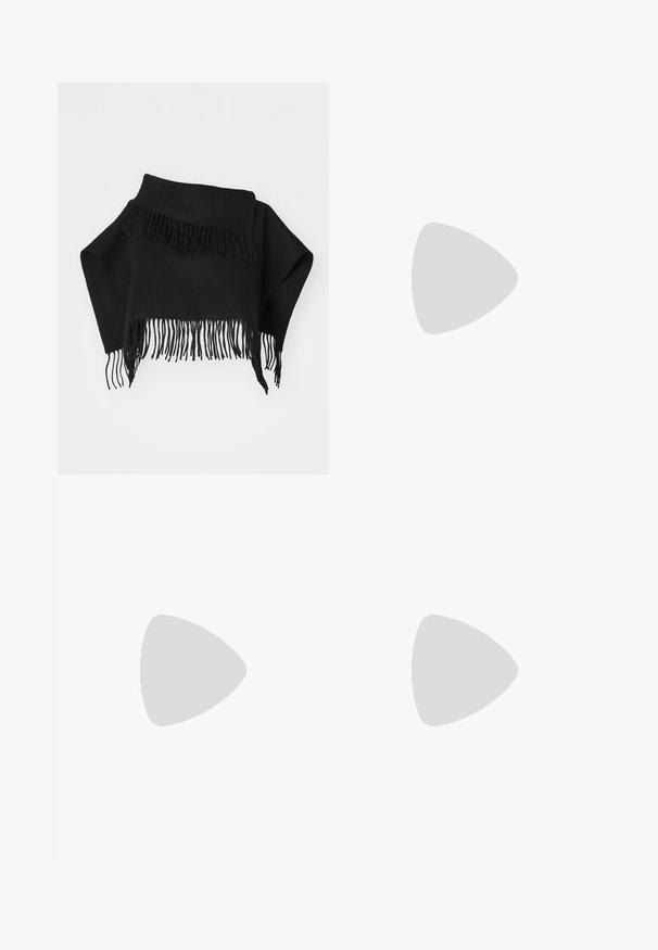 Black fringed shawl made of soft fabric. Features uneven edges and long, thin fringes at the bottom. Versatile for layering.; White sleeveless top with thin straps, made from lightweight fabric. Featuring a loose design and gathered texture at the hem.; Black wide-leg pants with a soft, lightweight fabric, featuring an elastic waistband and stitched hemline, offering a relaxed fit.; Black leather sandal with a square toe, thin straps, adjustable ankle strap, and a low heel. Features a small gold accent on the strap.