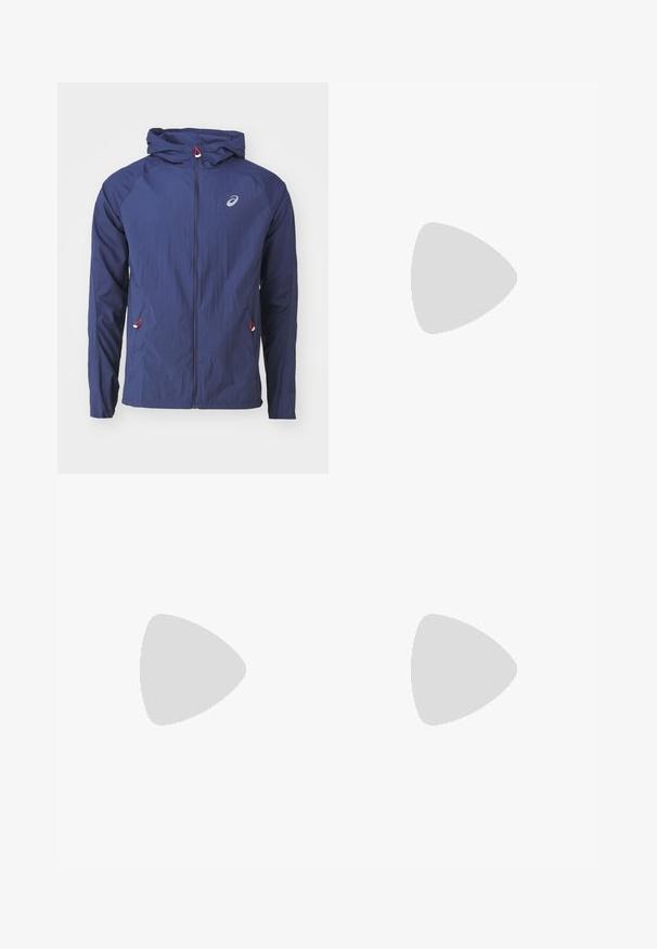 ASICS ROAD PACKABLE JACKET - Windbreaker - blue expanse; ASICS GAME  - Basic T-shirt - cream; Navy blue athletic shorts with elastic waistband, side pockets, and light gray accents. Made of lightweight, smooth fabric for comfort.; White athletic shoe with a grey mesh upper, a blue ZoomX foam midsole, and a curved outsole for enhanced propulsion and comfort.