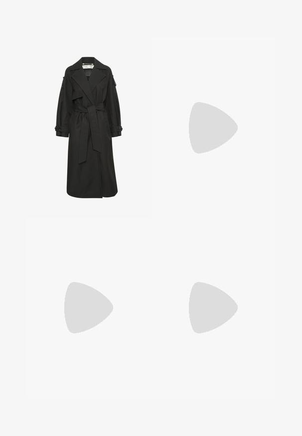 Cappotto trench nero realizzato in tessuto leggero, con vita regolabile, grandi rever e polsini con bottoni. Design semplice ed elegante.; Maglione a collo alto bianco a maniche lunghe, realizzato in tessuto morbido. Design aderente con cuciture minime, dotato di un collo alto e di un orlo dritto.; Pantaloni larghi color marrone scuro con pince sulla parte anteriore, passanti per cintura in vita e orli a risvolto, realizzati in un tessuto liscio.; Stivale alla caviglia nero realizzato in tessuto liscio, con punta appuntita e tacco a stiletto sottile, dal design senza soluzione di continuità e senza hardware visibile.; Borsa a tracolla in pelle nera con una forma a mezzaluna unica. Caratterizzata da un design minimalista, una texture liscia e un logo discreto. Cinghia regolabile.