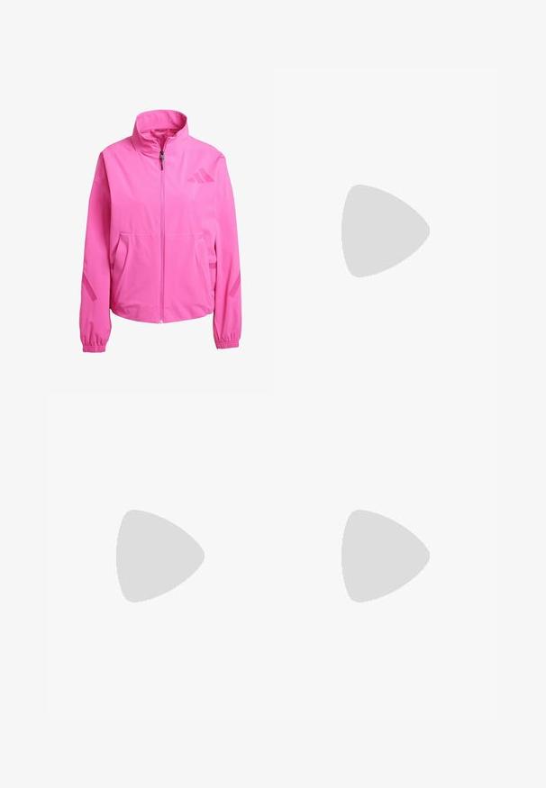 Ružová vetrovka s vysokým golierom, predným zipsom, bočnými vreckami a elastickými manžetami. Obsahuje logo na hornej časti hrudníka a na rukávoch.; Tričko s krátkym rukávom pre šport, tmavosivé s perforovanou textúrou. Obsahuje biele logo a kontrastné bočné pruhy. Okrúhly výstrih.; Čierne športové šortky vyrobené z ľahkého materiálu. Majú elastický pás, bočnú zipsovú kapsu a reflexné logo na dolnom okraji.; Čierna bežecká obuv s hornou časťou z sieťoviny, svetlofialovými akcentmi a tromi horizontálnymi sivými pruhmi. Vyššia podrážka zabezpečuje pohodlie.