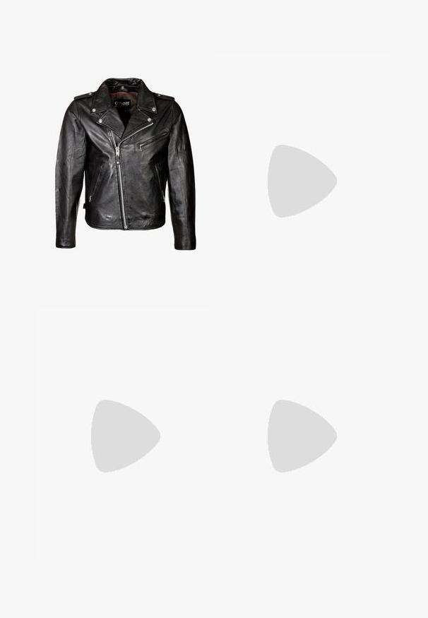 Sort lædermotorcykeljakke med sølvfarvede lynlåse, tryklåse og en klassisk krave. Har flere lynlåslommer og en slidt tekstur.; Langærmet t-shirt i sort og hvid stribe designet i blødt bomuldsstof. Har en rund halsudskæring og en kontrasterende sort ribbet krave.; Sorte denim bredde ben jeans med høj talje, med klassisk fem-lomme design og subtil falmning for et tekstureret udseende.; Sorte læder ankelstøvler med snørebånd foran, gul syning, en rund tå og en tyk, tekstureret gummisål.