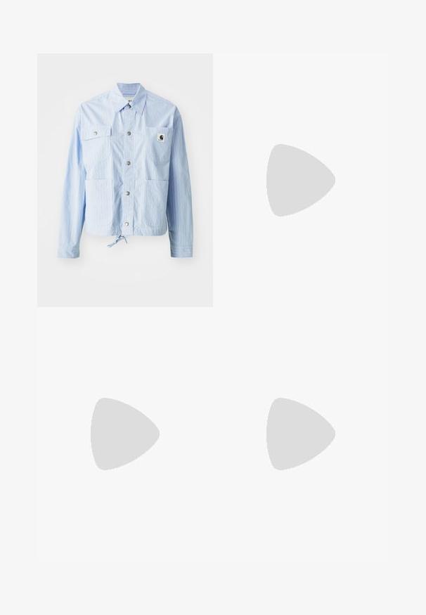Light blue striped jacket with button closure, four front pockets, and a drawstring hem. Features a small logo tag on the left pocket.; White cotton t-shirt with a relaxed fit, short sleeves, and a small embroidered logo on the left chest area.; Wide-leg blue denim trousers with a high waist, contrasting stitching, and side pockets, featuring a classic five-pocket design and raw hems.; Cream leather sneaker with three dark stripes, a brown gum outsole, and a rounded toe. Features a foldable tongue labeled "SAMBA."