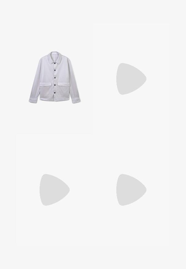 Light gray button-up jacket with a classic collar, long sleeves, two front pockets, and black buttons. Smooth texture, minimal design.; White short-sleeved t-shirt made from cotton, featuring a round neckline and a relaxed fit. Smooth texture, with no visible patterns or accents.; Brown pleated trousers with a wide-leg design, featuring a button closure and side pockets, made of textured fabric suitable for casual wear.; Brown leather boat shoe with a rounded toe, rubber sole, and contrasting tan stitching. Features metal eyelets and a logo on the side.