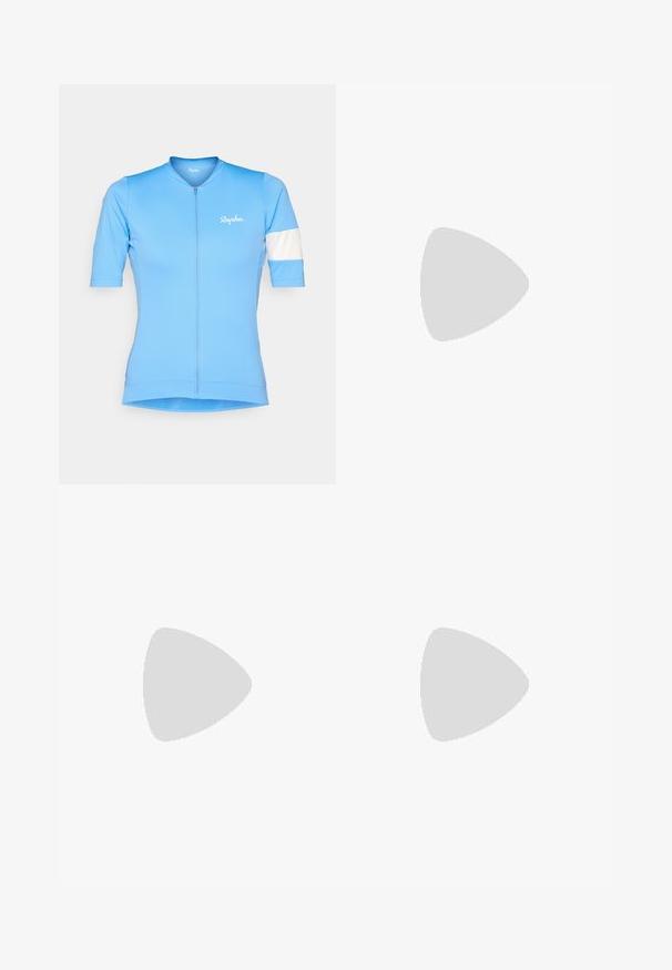 Light blue cycling jersey with short sleeves, a front zipper, and a white stripe on the left sleeve. Features the Rapha logo in white.; Nike T-shirt in white, short sleeves, round neckline, made from a smooth, lightweight fabric. Features a subtle logo on the chest.; White athletic shorts with a ribbed waistband, side slits, and a black Nike logo. Worn with black sneakers and white crew socks.; Nike running shoes with a light yellow and white mesh upper, grey accents, and a flexible rubber sole. Features a lace-up closure.