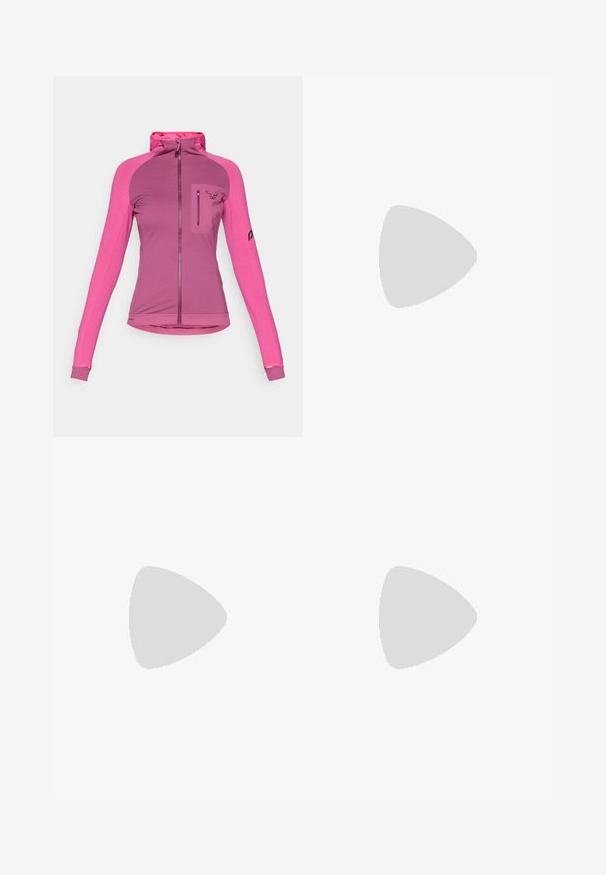 Soevitatud lukuga jakk kolme roosa tooni variandis, millel on kõrge krae, sõrmeaugud ja lukuga rinna tasku, millel on logo detail.; Hall juppuvarrega, pehmeast, niiskust eemaletõukavast kangast lühikeste varrukatega hall T-särk. Omab ümarat kaelust ning väikest valget logo vasakul ülal.; Mustad, hästi istuvad püksid, mis on valmistatud paindlikust materjalist. Omadusteks on lukuga küljetasku, artikeeritud põlved ja sile pind.; Mustarjaline matkasaabas, millel on keskmine disain, tekstuuriga ülemine osa, hallid aktsendid ja vastupidav kummist põhi, millel on haardelugesid.