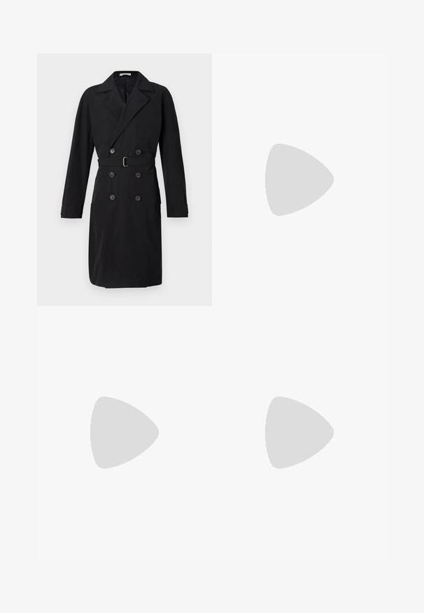 Black double-breasted trench coat with notched lapels, belt, and large buttons. Smooth fabric with a structured silhouette and long sleeves.; Black cotton t-shirt with a round neckline, short sleeves, and straight cut. No visible patterns or hardware details.; Black denim pants with a straight-leg design, featuring a button closure, five-pocket styling, and a smooth texture.; Black suede sneaker with lace-up design and contrasting white rubber sole. Features textured side panels and subtle branding on the heel.