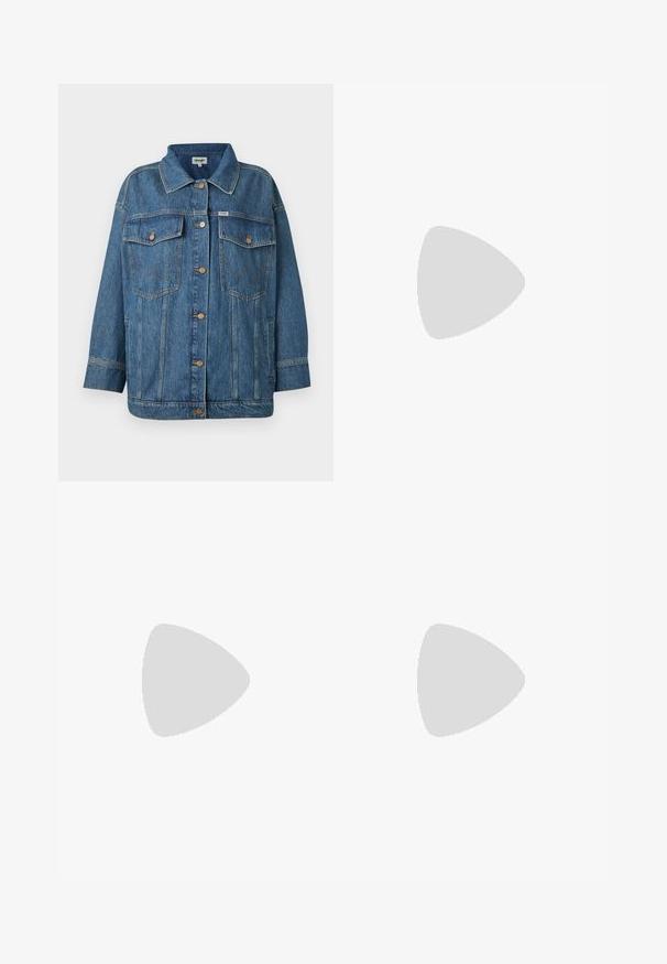 Blue denim jacket with button front, two button-flap chest pockets, side pockets, and contrast stitching details.; White cotton t-shirt with short sleeves and a round neckline. Features a black Adidas logo on the chest and a contrasting black inner collar.; Cream-colored wide-leg pants with a zigzag pattern, featuring a black logo waistband and side black stripes. Lightweight, textured fabric.; Light beige suede sneaker with gum outsole, three diagonal stripes, and a textured toe cap. Features logo on the tongue and side.