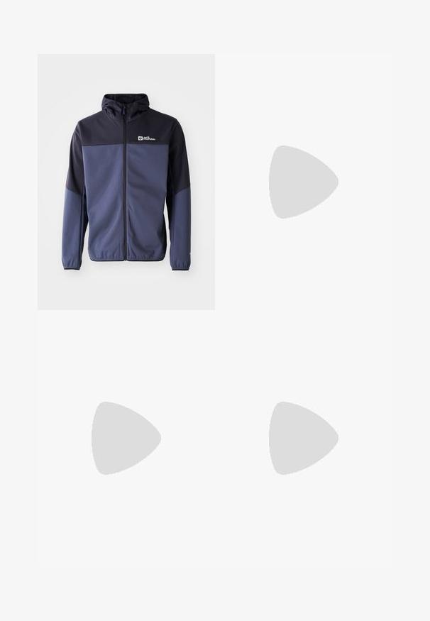 Granatowa kurtka wykonana z miękkiego, teksturowanego materiału; posiada pełny zamek błyskawiczny, kaptur i kontrastującą czarną górną część z logo na piersi.; Czarny t-shirt z krótkim rękawem, wykonany z lekkiego materiału. Posiada małe białe logo na lewej piersi oraz subtelne akcenty na ramionach.; Czarne spodnie cargo wykonane z lekkiego, wodoodpornego materiału; posiadają elastyczny pas, liczne kieszenie zapinane na zamek oraz zwężane nogawki.; Buty trekkingowe w oliwkowym zielonym i czarnym kolorze z różowymi akcentami. Posiadają teksturowaną górę, elastyczną podeszwę, wzmocniony czubek oraz kolorowy system sznurowania.