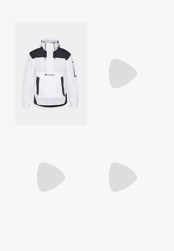 Bijela i crna Columbia jakna s kapuljačom, prednjim polu-zatvaračem, prednim džepom i elastičnim manžetama. Izrađena od laganog materijala.; Crna majica kratkih rukava od pamuka, s okruglim izrezom i malim bijelim logotipom na gornjem lijevom dijelu prsnog koša.; The North Face HORIZON PANT - Hlače za otvoreno - black; Crne trail trkačke cipele s teksturiranim gornjim dijelom, gumeni potplat i ojačana zaštita za prste. Imaju podstavljen ovratnik i trakicu za lakše obuvanje.