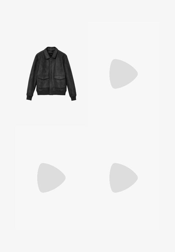 Veste bomber en daim gris foncé avec col, fermeture éclair frontale, deux poches à rabat et poignets et ourlet côtelés.; T-shirt noir à manches courtes en coton, avec un col rond et un petit logo brodé sur la poitrine. Texture lisse, coupe standard.; Pantalons noirs au design droit, fabriqués à partir d'un tissu lisse. Dotés de plis sur le devant et d'une fermeture à un bouton à la taille.; Mocassins en cuir noir avec une finition lisse, ornés d'une sangle décorative et de coutures contrastées, associés à un pantalon beige.