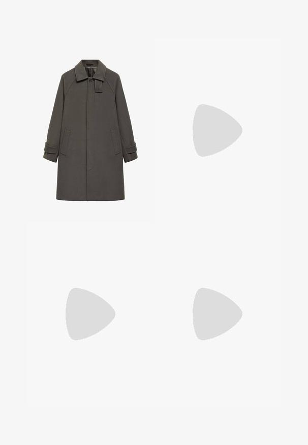 Gray wool coat with a high collar, raglan sleeves, side pockets, and button detail on the collar. Smooth texture and mid-length design.; Black turtleneck sweater made of a soft knit material. Features long sleeves, ribbed collar, and hem. Simple, sleek design without patterns.; Beige wide-leg pants with a smooth texture, featuring belt loops, two front pockets, and a zip fly closure. Minimalist design.; Black leather loafers with a rounded toe, slip-on design, and thick rubber sole featuring a textured grip. Elevated heel and subtle stitching details.; Black rectangular sunglasses with dark lenses, featuring a thick frame, subtle accents on the sides, and no visible logos beyond the brand name.; Metal quartz watch with a black face, white numerals, and date display. Features a stainless steel band and a water resistance of 100m.