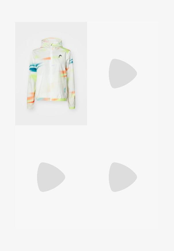 Casaco leve com capuz em branco, com um padrão abstrato colorido em verde, azul e laranja. Possui fecho frontal com zíper e punhos elásticos.; T-shirt de algodão branca com decote redondo, mangas curtas e um pequeno logótipo azul-marinho no lado esquerdo do peito. Textura suave, design casual.; Saia plissada branca com uma cintura e barra em azul-marinho. Apresenta um tecido suave com riscas horizontais na cintura, desenhada para conforto.; Shoe desportivo branco com materiais de malha e sintéticos, apresenta detalhes e atacadores cinzas, sola texturizada, design curvado e detalhe do logotipo.