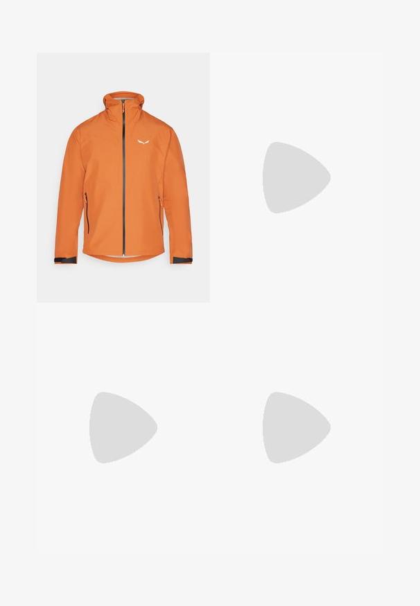 Orange waterproof jacket with a zippered front, high collar, and two side pockets. Features black accents at the cuffs and small logo on the chest.; White fleece pullover with a zip neck, features a front pocket, and a logo on the chest. Soft texture with a relaxed fit.; Beige cotton pants with a straight-leg design, featuring two front pockets and two zippered accents. Gold-tone hardware highlights.; Black and brown sneakers with white accents, canvas material, low-top design, round toe, and beige rubber sole. Features contrasting stitching.