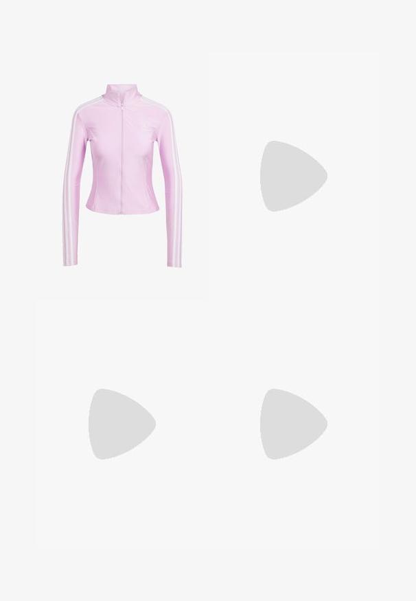 Ružičasta jakna na raskopčavanje s visokim ovratnikom, dugim rukavima i bijelim trostrukim trakama na oba rukava. Izrađena od glatkog, rastezljivog materijala.; Crna pamučna majica kratkih rukava s okruglim izrezom, ukrašena bijelim trakama na ramenima i malim bijelim Adidas logom na prsima.; Crne široke trenirke s elastičnim pojasom, s bijelim bočnim trakama i izvezenim logom na lijevom bedru.; Crni kožni tenisice s bijelim prugama, gumeni zaštitni vrh, crne vezice i bijela potplata boje krem. Glatka tekstura s sjajnim završetkom.