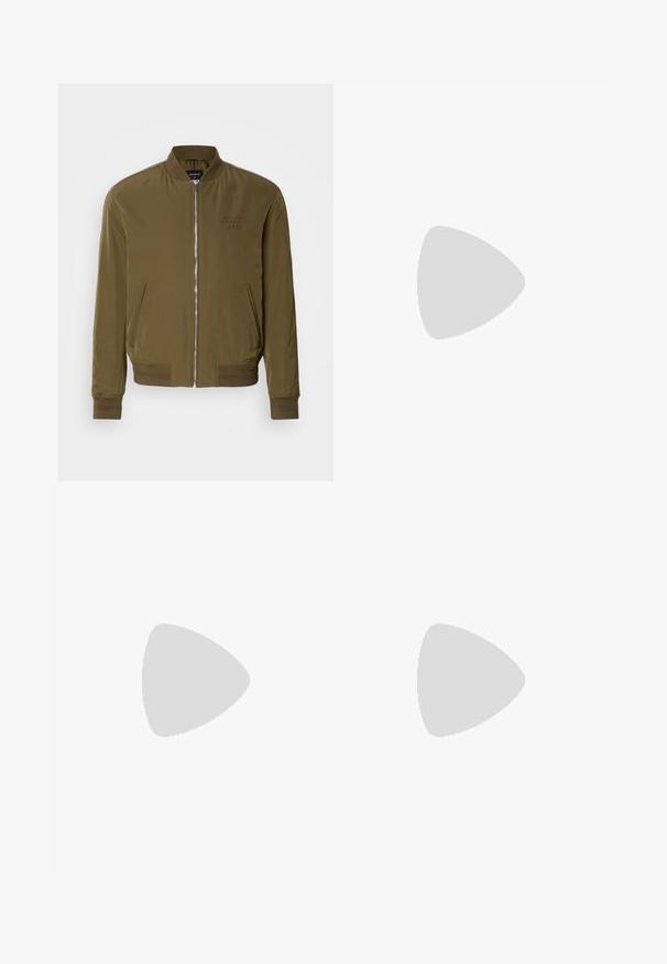 Olive green bomber jacket, smooth nylon material, zip closure, ribbed cuffs and hem, side pockets, subtle brand logo detail on chest.; Black cotton t-shirt with round neckline, short sleeves, and white “BOSS” logo centered on the chest. Smooth texture, casual fit.; Black sweatpants made of soft material with an elastic waistband, drawstring, and tapered legs. Features a small logo on the side.; Black sneaker with smooth synthetic upper, round toe, flat laces, and a ribbed rubber sole. Minimalist design, featuring stitched accents.