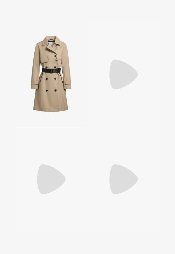 Beige trench coat with double-breasted buttons, black accents, tailored fit, wide lapels, and a belt at the waist. Textured, water-resistant fabric.; Red sleeveless knit sweater with a v-neck and ribbed hem. Features a small, dark logo on the chest. Soft texture with a solid color.; Black wide-leg jeans with a high waist, made of denim. Features a black belt with an adjustable buckle and side pockets. Detailed stitching visible.; Brown leather sneaker with three light-colored stripes, rubber gum sole, rounded toe, and textured suede accents on the heel and toe.