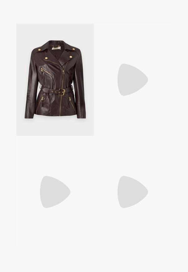 Dark brown leather biker jacket with gold zippers, snap buttons, and a matching belt at the waist, displayed on a plain background.; Black turtleneck sweater featuring long sleeves, ribbed texture, lightweight knit material, and a fitted silhouette. No visible logos or patterns.; Burgundy mini skirt with a slim fit, featuring a front zip, decorative zippers, a slit, and a button closure with gold accents.; Black leather high-heeled shoe with pointed toe, ankle strap, and a thin heel. Smooth texture with a gold accent on the heel base.