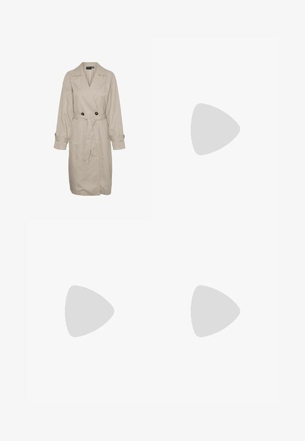 Beige trench coat kahepoolse eest, nööbid, laiad kraed, pikad varrukad ja sobiv vöö.; Kaffe KAEVELYN - Trükipildiga T-särk - turtledove black stripe; Valged kõrge vähendusega püksid, valmistatud puuvilla segust. Omavad sirget lõiget, kahte tagumist taskut ja bränditud pruuni silti vöökoha peal.; Saucony RIDE MILLENNIUM - Tossud - cream/silver; COACH QUILTED COVERED TABBY SHOULDER BAG - Ülerinna-kott - buff