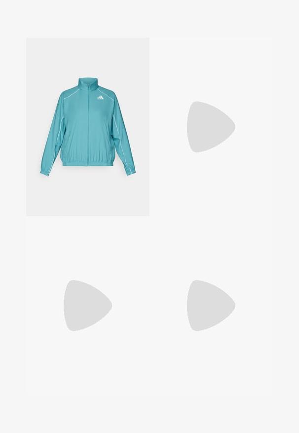 Tirkizna jakna sa patentnim zatvaranjem i stojećim ovratnikom. Sadrži bijele obrube duž ramena i mali logo na lijevom prsnom dijelu. Lagani materijal.; Bjela atletska majica s kratkim rukavima, izrađena od glatkog, rastezljivog materijala. Na prsima se nalazi mali crni Adidas logo.; Svijetlosivi dukserica s crnim bočnim trakama, elastičnom trakom u struku i vezicom. Izrađeni su od mekog materijala s rebrastim manžetama na gležnjevima.; Bijela atletska cipela s mrežastim gornjim dijelom, vezanjem i teksturiranom potplatom. Neprimjetni brend i detalji bešavne izrade su vidljivi.