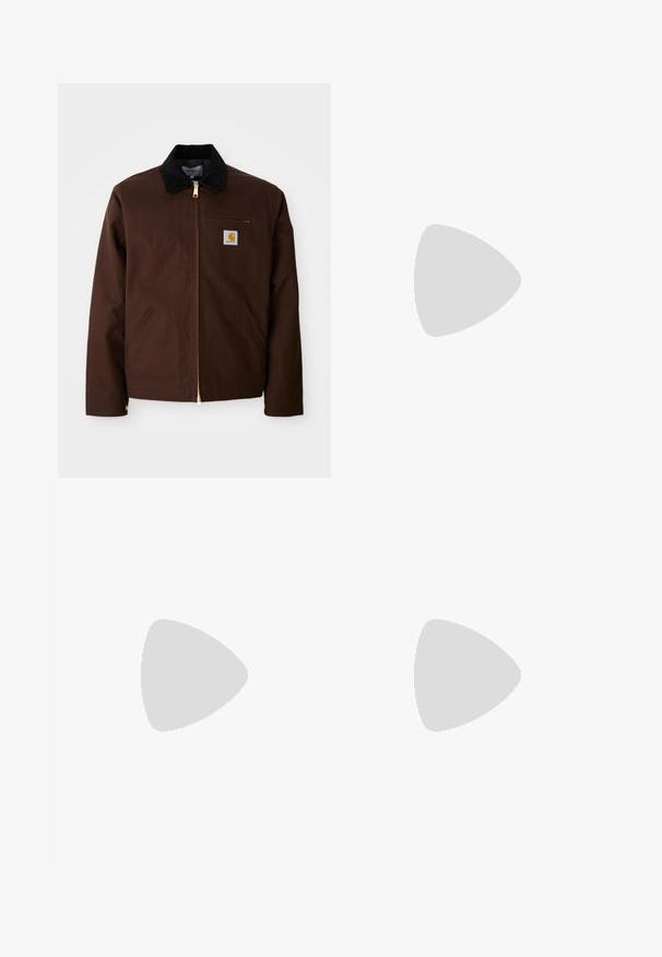 Brown canvas jacket featuring a gold zipper, corduroy collar, left chest pocket with logo patch, and side pockets with concealed zippers.; Oversized short-sleeve t-shirt in dark gray, made from cotton. Features a round neckline and visible stitching along the edges.; Black cotton trousers with a relaxed fit, featuring a classic waistband, front pleats, and side pockets. Smooth texture without patterns.; Black leather slip-on shoes with a rounded toe and thick textured rubber sole. Features subtle stitching and elastic accents at the collar.