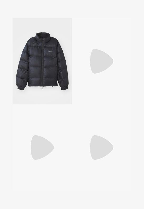 Black puffer jacket featuring a high collar, zip closure, elastic cuffs, and a logo on the chest. Smooth, shiny material with a padded design.; Black cotton T-shirt featuring a round neckline, short sleeves, and "EMPORIO ARMANI" logo in white above "Milano" in a curved design.; Navy blue trousers made of cotton, featuring a straight-leg design, a front button closure, and classic waistband with belt loops.; White leather sneaker with a smooth finish, round toe, flat laces, and a textured sole. Features a subtle logo on the heel.