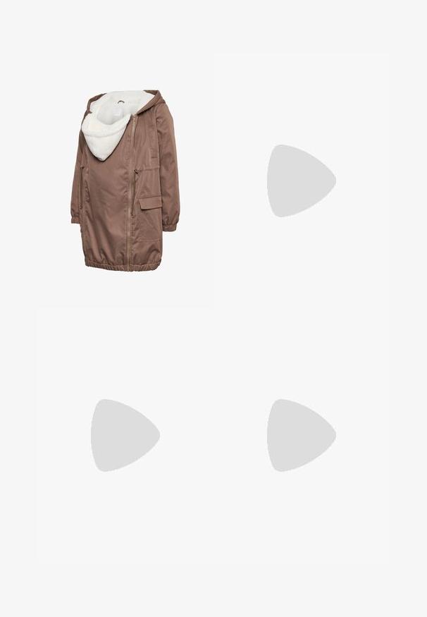 Brown jacket with a plush white inner lining, zip closure, two side pockets, and an adjustable hood. Elasticated cuffs and hem.; Three maternity tank tops in white, gray, and black. Stretchy fabric with adjustable spaghetti straps and gathered side seams for comfort.; Maternity jeans with blue denim legs and a black stretchy abdominal panel designed to support and cover a growing belly.; White sneaker with a smooth synthetic upper, perforated toe box, flat laces, and a textured sole, displayed on a wooden surface.
