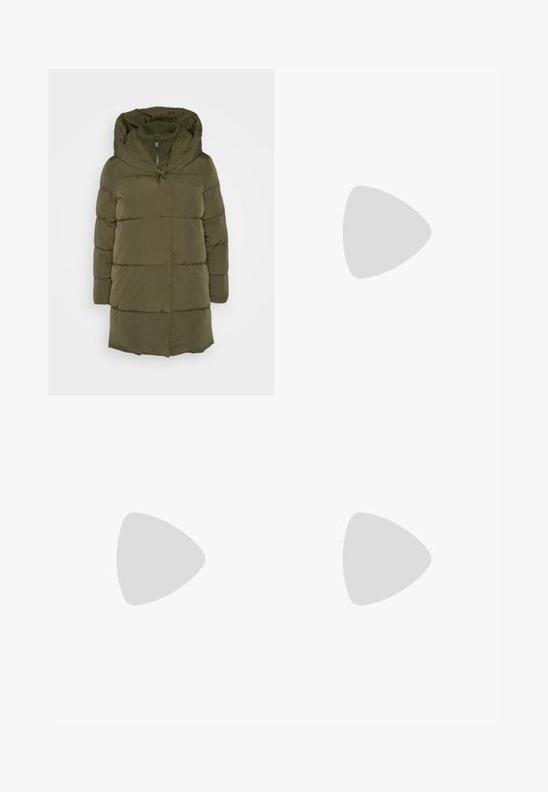 Manteau doublé vert olive avec une capuche amovible, fermeture éclair frontale et panneaux cousus. Il dispose de manches longues et d'une silhouette droite.; Even&Odd Petite 2 PACK - Débardeur - light grey/black; Even&Odd Petite Pantalon classique - beige; Baskets en toile noires avec semelle en caoutchouc blanche, bout rond, design basse, œillets en métal et bout texturé. Fine rayure noire le long de la semelle.
