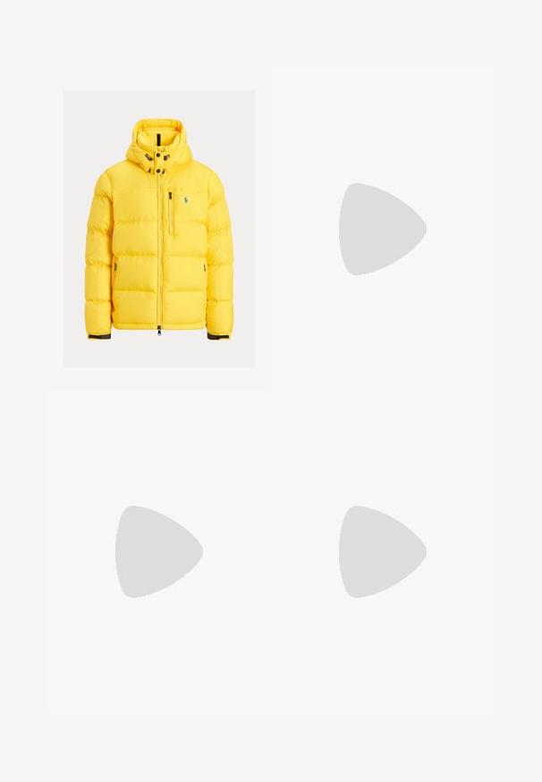 Yellow puffer jacket with a hood, zippered front and side pockets, featuring quilted texture and a small logo on the chest.; Beige long-sleeve shirt made of cotton blend. Features button-down collar, seven front buttons, and a small embroidered logo on the left chest.; Beige cotton chinos with a flat front, belt loops, and side pockets. Straight-leg design with a smooth texture and a light, breathable feel.; White leather sneakers, low-top design, featuring a smooth texture, round toe, laced front, and a small embroidered logo on the side.
