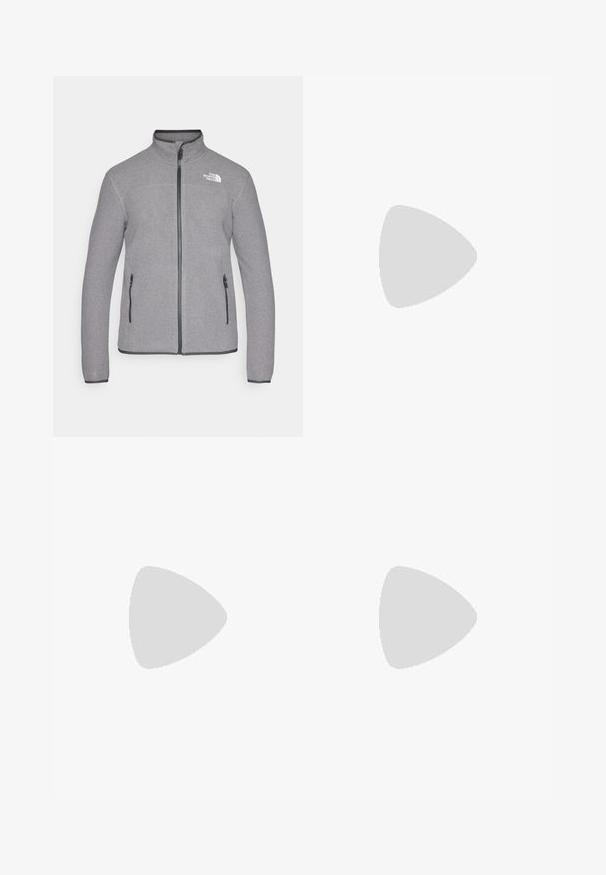 Grå fleecejakke med opretstående krave, lynlås i fuld længde og to sidelommer. Har understated branding i hvidt på venstre bryst.; Hvid langærmet T-shirt lavet af bomuld med rund hals. Har et lille sort logo på brystet. Glat tekstur, almindelig pasform.; Sorte atletiske bukser lavet af letvægtsstof, med en snor i taljen, sidelommer og tapered manchetter ved anklerne.; Sort atletik sko med en struktureret syntetisk overdel, polstret sål og et hurtiglukkesystem. Har forstærket tå og hæl.
