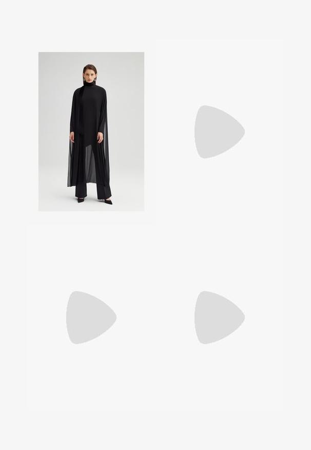 Black layered tunic with a high collar, made of sheer fabric. Features long sleeves and a flowing design, paired with tailored black trousers.; Dark denim top with one shoulder design, featuring gathered texture and curved hem. The fabric has a subtle sheen and structured fit.; Lace midi skirt in white with a lightweight, textured fabric. Features a flared silhouette and scalloped edges for added detail.; Black leather slingback heels with a pointed toe, slender adjustable strap, and a approximately 2-inch stiletto heel, smooth texture.; Black rectangular sunglasses with dark lenses, featuring a gold geometric design on the sides. Smooth plastic frames and glossy finish.