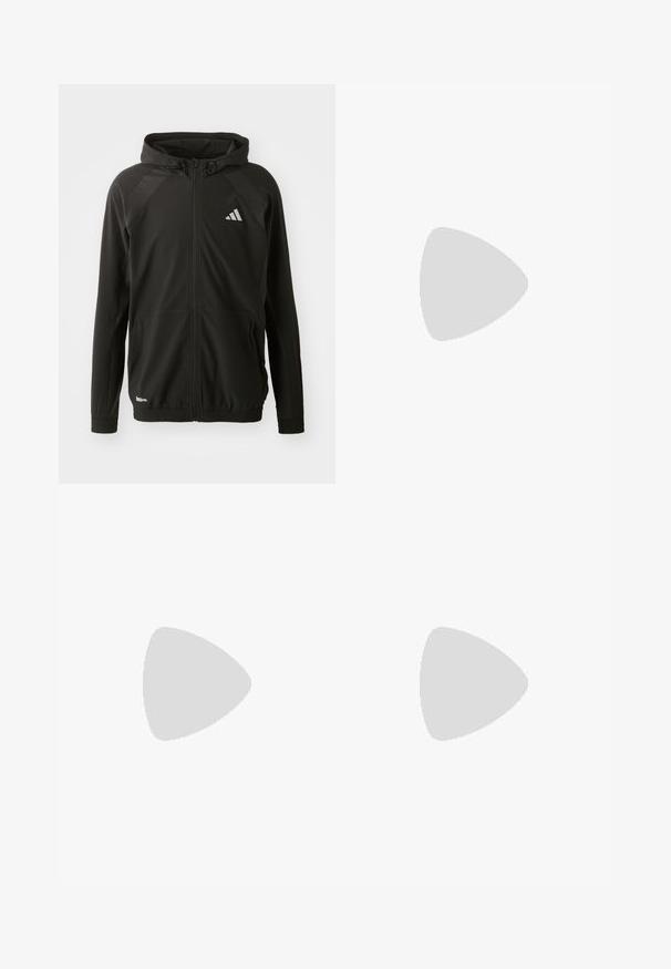 Zwarte sportjack met een rits aan de voorkant, capuchon, textuur op de schouderpanelen, elastische boorden en een reflecterend logo. Gemaakt van lichtgewicht materiaal.; Zwarte katoenen t-shirt met korte mouwen, ronde hals en een wit logo op de linkerkant van de borst. Gladde textuur en eenvoudig ontwerp.; Zwarte sportbroek met een elastische tailleband, taps toelopend ontwerp, zijzakken en subtiele logodetails. Gemaakt van flexibele, ademende stof.; Zwart sportief schoen met ademend mesh bovenwerk, witte accenten en een gevoerde zool. Beschikt over een logo met drie strepen aan de zijkant.