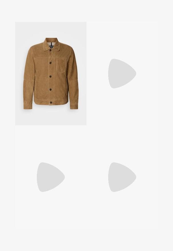 Brown suede jacket with a collar, button closure, and chest pocket. Features a smooth texture and contrasting stitching details.; Cream-colored cotton t-shirt featuring short sleeves, a round neckline, and a small, embroidered logo on the left chest.; Beige denim jeans with a straight leg design, featuring front pockets, a metal button closure, and subtle texture.; Beige suede sneakers with a rounded toe, lace-up front, and a textured back accent. White rubber sole provides contrast. Simple and modern design.