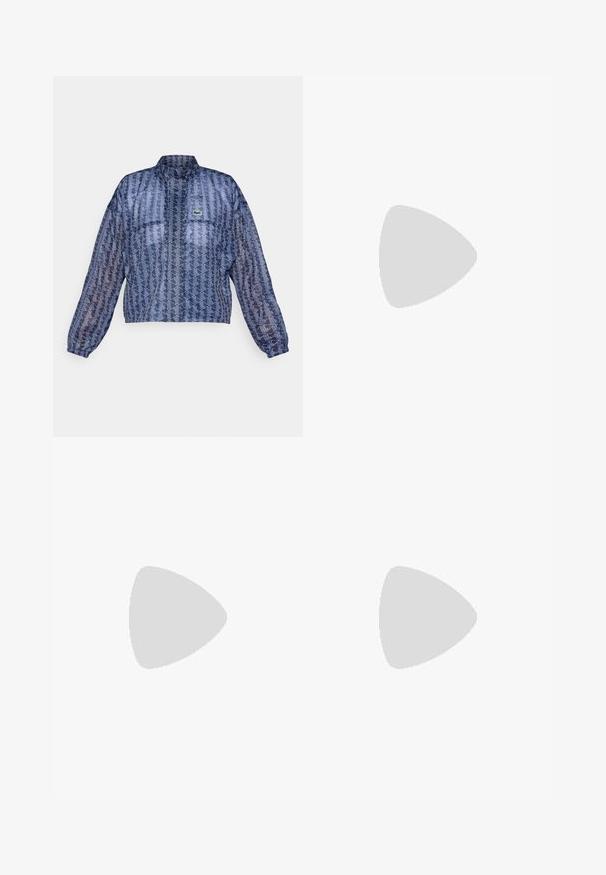 Cropped, translucent jacket in navy with a geometric white pattern. Features a stand collar and elastic cuffs; includes a green logo.; White cotton T-shirt with a round neck, short sleeves, and a small navy logo on the left chest. Smooth texture, casual design.; White pleated skirt with a wide elastic waistband. Features a green and red logo accent at the front, made from lightweight fabric.; White athletic shoe with mesh and synthetic materials, features gray accents and laces, textured sole, curved design, and logo detail.