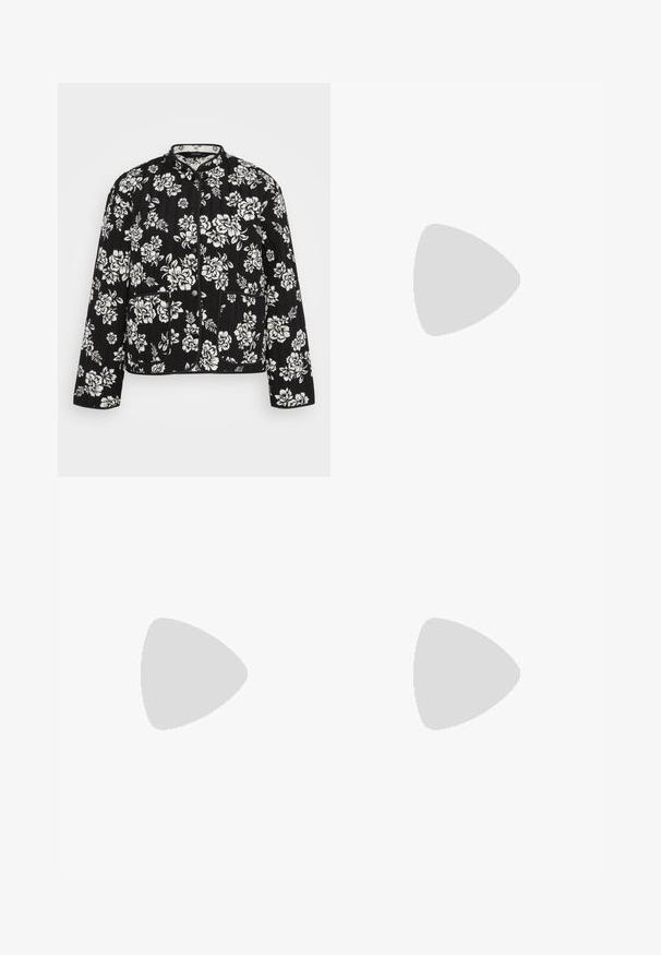 Giacca trapuntata nera con un motivo floreale bianco, dotata di colletto alla mandarino, bottoni frontali e due tasche anteriori.; Even&Odd Petite 2 PACK - Top - light grey/black; Jeans a campana di colore blu chiaro realizzati in denim. Presentano una vita alta, una leggera sfumatura e pannelli laterali blu scuro. Cinque tasche e chiusura con bottone.; Vagabond ANSIE - Decolleté - dark red; Occhiali da sole con forma ovale, montatura in plastica trasparente, lenti grigie scure e aste sottili trasparenti con accenti di logo e dettagli minimi.; Orecchini a cerchio in oro con una finitura liscia e lucida. Design circolare con un piccolo perno e una chiusura trasparente per un indosso sicuro.
