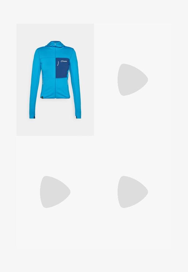 Blå zip-up jacka med texturerad yta, kontrasterande marinblå bröstficka och dragkedjor, figursydd design och huva för extra skydd.; The North Face SHADOW SHORT SLEEVE  - T-shirt till träning - white dune; Högmidjade, figurnära leggings i en ljusbrun färg. Tillverkade av mjukt, stretchigt material med en vit logotyp på vänster lår.; Svart och grå sportskor med övre i mesh, gummisula och elastiskt snörsystem. Har en förstärkt tå och texturerade detaljer.