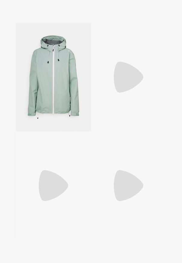 Mintgrüne leichte Jacke mit Kapuze, weißem Frontreißverschluss, Seitentaschen und verstellbaren Zugbändern am Saum und an den Ärmeln.; The North Face SHADOW LONG SLEEVE - Langarmshirt - white dune; Schwarze Outdoor-Hosen aus leichtem Material, mit geradem Bein, Reißverschlusstaschen an den Seiten und einem verstellbaren Bund.; Columbia PEAKFREAK™ II OUTDRY™ - Hikingschuh - blue heron/skylight