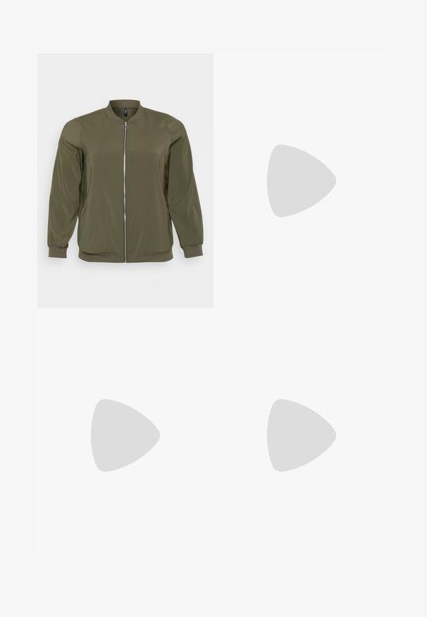 Olivgrön bomberjacka i lätt tyg, med dragkedja fram, ribbade muddar och rund halsdesign. Enkel och funktionell stil.; Tre åtsittande T-shirts i vitt, grått och svart. Var och en har en bred rundad halsringning och korta ärmar. Tillverkade av mjukt, stretcht tyg.; Svarta utsvängda byxor i elastiskt tyg med hög midja och en mjuk textur. Byxorna vidgar sig från knäet.; Svarta canvas högskor med vita gummisulor och snören. Har en cirkulär logotyp på sidan och kontrasterande vit sömnad.