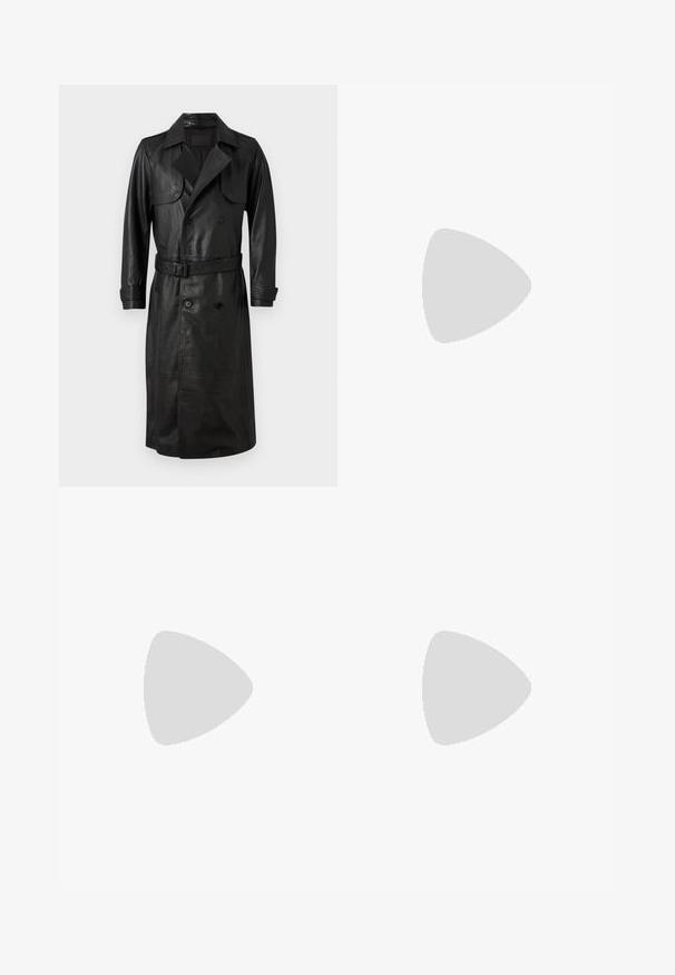 AllSaints NEO - Trench - black; Polo a maniche corte in crema con texture a costine e colletto piatto. Presenta un orlo dritto e un materiale morbido per il comfort.; Pantaloni neri con un design a gamba dritta, realizzati in un tessuto liscio. Presentano pieghe frontali e una chiusura a un bottone in vita.; Sneakers in suede nero con lacci bianchi e tre strisce bianche. Presentano un logo circolare nero sulla linguetta e una suola in gomma color gomma.; Orologio quadrato argento con quadrante bianco, numeri romani neri e testo "RESISTENTE ALL'ACQUA". Cinturino in pelle nera con finitura testurizzata.