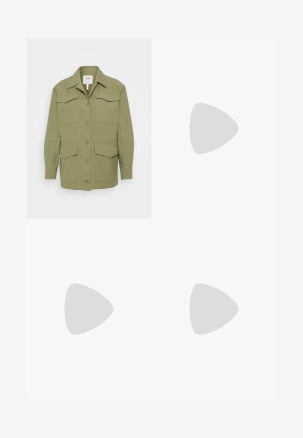Olive green jacket with a button-up front, pointed collar, and four front pockets. Made of soft fabric with long sleeves and a relaxed fit.; Black ribbed crop tank top with a round neckline and sleeveless design. Made from soft, stretchy fabric, featuring clean hemmed edges.; Black cargo pants with a high waist, front pleats, two side pockets, and a relaxed fit, made of sturdy fabric with a smooth texture.; Black high-top sneakers with white laces, a white logo, and contrasting white stitching. Features a thick white sole and textured suede upper.; Metal-framed sunglasses with oval green lenses. Thin silver metal frame and black ear tips. Minimalist design, no visible logos.